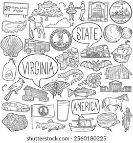Virginia Doodle Icons Black and White Line Art. USA State Clipart Hand Drawn Symbol Design.Illustrator Artwork.