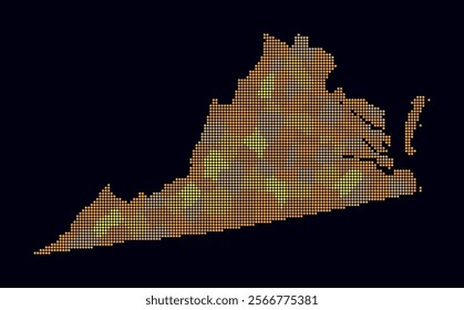 Virginia dotted map. Digital style map of the state on dark background. Virginia shape with circle dots. Colored dots style. Small size circles. Creative vector illustration.