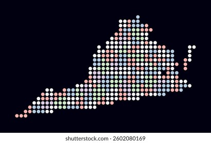 Virginia dotted map. Digital style map of the state on a dark background. Virginia shape with circle dots. Colored dots style. Large size circles. Vibrant vector illustration.
