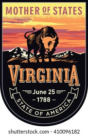 Virginia, emblem of the U.S. state, bison at sunset on a dark background