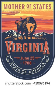 Virginia, emblem of the U.S. state, bison at sunset on a dark background