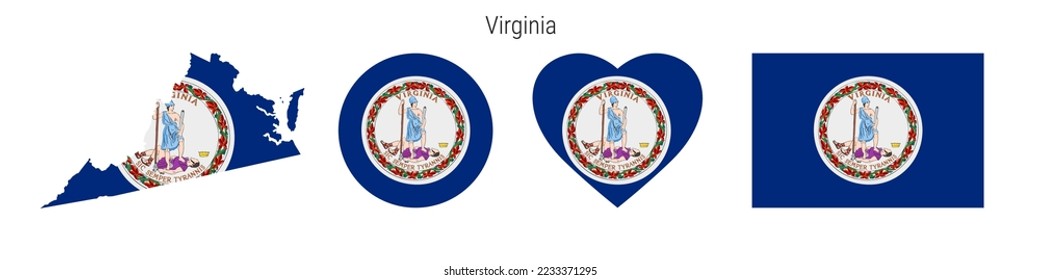 Virginia flag icon set. American state pennant in official colors and proportions. Rectangular, map-shaped, circle and heart-shaped. Flat vector illustration isolated on white.