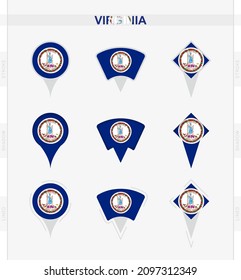 Virginia flag, set of location pin icons of Virginia flag. Vector illustration of national symbols.