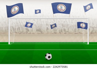 Virginia football team fans with flags of Virginia cheering on stadium, penalty kick concept in a soccer match. Sports vector illustration.