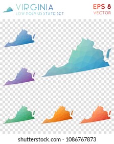 Virginia geometric polygonal, mosaic style us state maps collection. Glamorous low poly style, modern design for infographics or presentation.