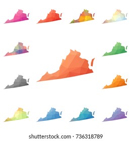 Virginia geometric polygonal, mosaic style us state maps collection. Bright abstract tessellation, low poly style, modern design for your infographics or presentation.