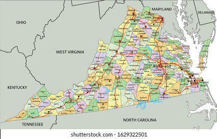 Virginia - Highly detailed editable political map with labeling.