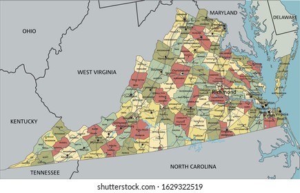 Virginia Highly Detailed Editable Political Map Stock Vector (Royalty ...