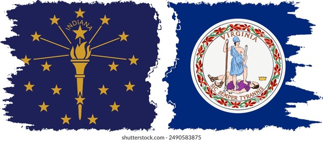 Virginia and Indiana states grunge brush flags connection, vector