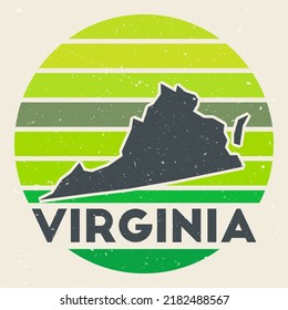 Virginia logo. Sign with the map of US state and colored stripes, vector illustration. Can be used as insignia, logotype, label, sticker or badge of Virginia.