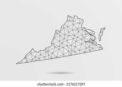 Mapa de Virginia - Resumen de la línea de mash y escalas de puntos sobre fondo blanco con el mapa de EE. Malla 3D del marco de cables línea de red poligonal, esfera de diseño, punto y estructura - Ilustración vectorial eps 10