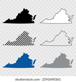 Virginia Map Black, State Border, United States, US America, Transparent Isolated, Variations. Vector. Map of the U.S. state Virginia