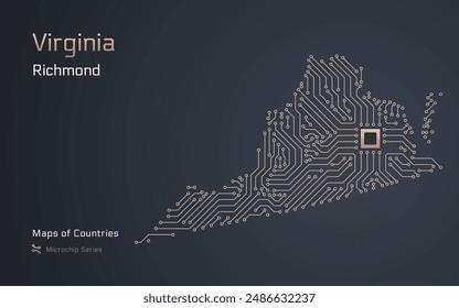 Virginia Map with a capital of Richmond Shown in a Microchip Pattern. E-government. United States vector maps. Microchip Series	
