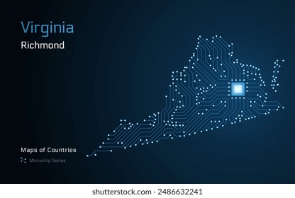 Virginia Map with a capital of Richmond Shown in a Microchip Pattern. E-government. United States vector maps. Microchip Series	
