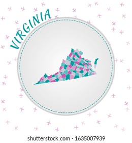 Virginia map design. Map of the US state with regions in emerald-amethyst color palette. Rounded travel to Virginia poster with US state name and airplanes background. Astonishing vector illustration.