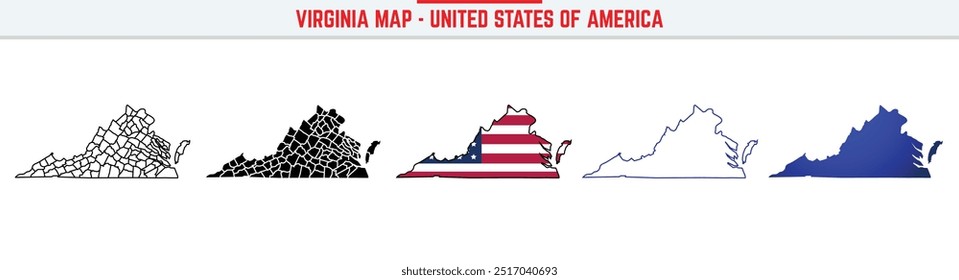 Virginia Map com ícone de traçado editável. Ícone de linha fina do estado da Virgínia, ilustração do vetor do mapa da Virgínia, Virginia, mapa do vetor da silhueta do VA