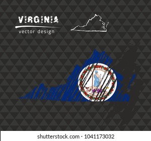 Virginia map with flag inside on the black background. Chalk sketch vector illustration