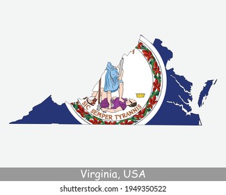 Virginia Map Flag. Map of VA, USA with the state flag isolated on a white background. United States, America, American, United States of America, US State. Vector illustration.