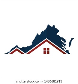 Virginia map with home symbol. Vector logo.
