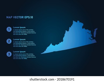 VIRGINIA map, infographic style , on dark background with Map World. Wire frame 3D mesh , map 3D,