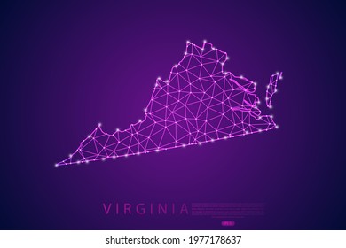 Virginia Map mash line and point scales on purple technology background. Wire Frame 3D mesh polygonal network line, design sphere, dot and structure -  Vector illustration eps 10