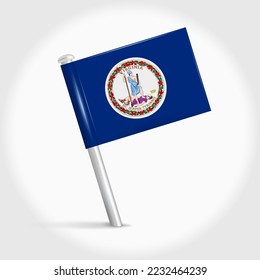 Virginia map pin flag icon. Pennant map marker on a metal needle. 3D realistic vector illustration.