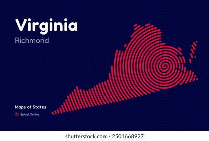 Virginia Map in Spiral Formation: Richmond Takes Center Stage. Fingerprint and stripes pattern. American states maps