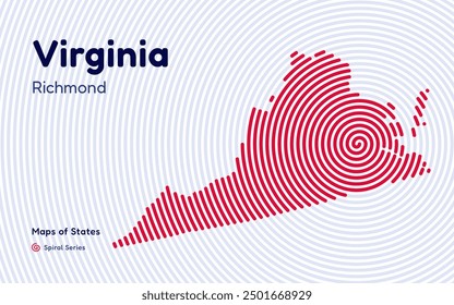 Virginia Map in Spiral Formation: Richmond Takes Center Stage. Fingerprint and stripes pattern. American states maps