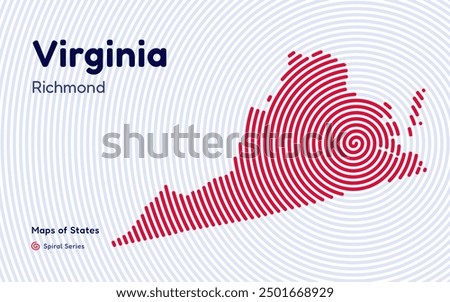 Virginia Map in Spiral Formation: Richmond Takes Center Stage. Fingerprint and stripes pattern. American states maps