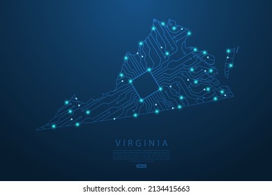Virginia Map - United States of America Map vector with Abstract futuristic circuit board. High-tech technology mash line and point scales on dark background - Vector illustration ep 10 