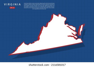 Virginia Map - USA, United States of America map vector template with isometric style with white and red color including shadow on Blue grid background - Vector illustration eps 10
