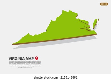 Virginia Map - USA, United States of America Map vector template with isometric style including shadow, green and brown color isolated on white background - Vector illustration eps 10