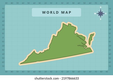 Virginia Map - USA, United States of America Map vector template High detailed with green and cream color isolated on blue background including Compass Rose icon - Vector illustration eps 10
