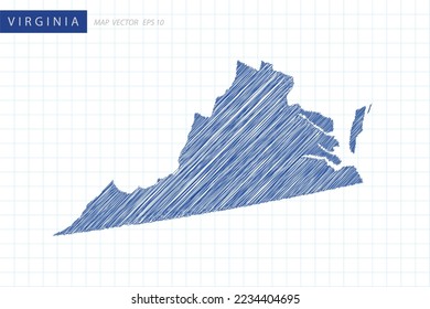 Virginia Map - USA, United States of America Map vector template with blue outline graphic and pen drawing sketch style isolated on white grid background for design - Vector illustration eps 10