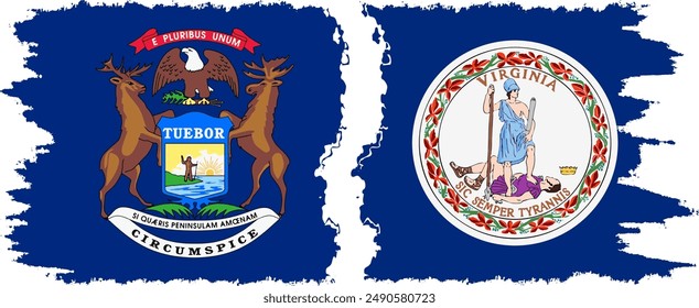 Virginia and Michigan states grunge brush flags connection, vector