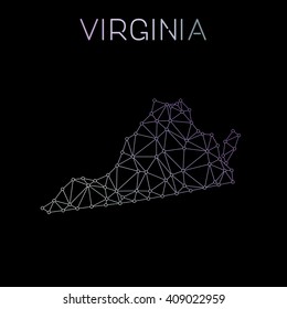 Virginia network map. Abstract polygonal Virginia network map design with wired lines and dots. Map of Virginia network connections. Vector illustration.