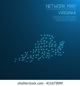 Virginia network map. Abstract polygonal Virginia network map design with glowing dots and lines. Map of Virginia networks. Vector illustration.