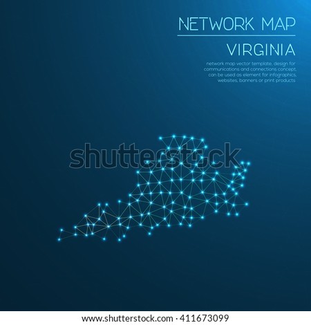 Virginia network map. Abstract polygonal Virginia network map design with glowing dots and lines. Map of Virginia networks. Vector illustration.