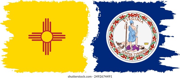 Virginia and New Mexico states grunge brush flags connection, vector