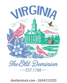 Virginia The Old Dominion - Estados Unidos Estado Cityscape T-shirt Vetor, Ícones de referência americanos, Vintage Estados Cityscape Camisa, Retro Travel City Art, Estados Citações de referência, Estado de férias Ilustração
