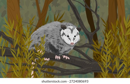 La zarigüeya de Virginia se sienta en una rama de árbol en un bosque oscuro y denso. Zarigüeyas norteamericanas. Paisaje de Vector realista.