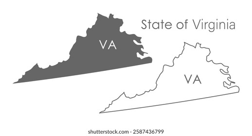 Virginia. The outline and silhouette of the state with the abbreviated abbreviation of the name. The state border. A template for the design of printed products
