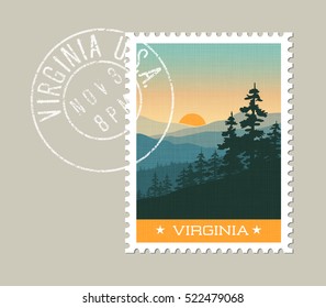 Virginia, postage stamp design. 
Vector illustration of scenic Smoky Mountains. Grunge postmark on separate layer