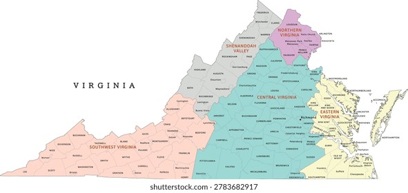 Virginia regions map with counties. Colored. Vectored
