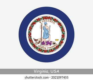 Virginia Round Circle Flag. VA USA State Circular Button Banner Icon. Virginia United States of America State Flag. Old Dominion, Mother of Presidents, EPS Vector