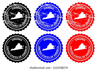 Virginia - rubber stamp - vector, Virginia (United States of America) map pattern - sticker - black, blue and red 