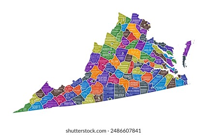 Virginia shape. State word cloud with county division. Virginia colored illustration. County names cloud. Vector illustration.