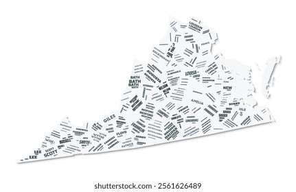 Virginia shape text cloud. State border with shadow on white background. Virginia with counties division in vintage gazette style. Elegant vector illustration.