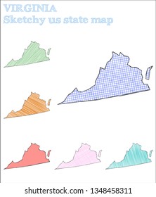 Virginia sketchy US state map. Neat hand-drawn illustration. Shapely childish style icon.