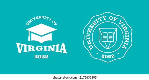 Virginia slogan typography graphics for t-shirt. University print and logo for apparel. T-shirt design with shield and graduate hat. Vector illustration.